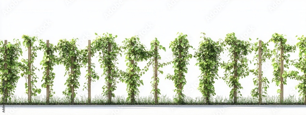 Fototapeta premium Lush Green Vines Growing on Wooden Trellises in Bright White Background for Nature Themes