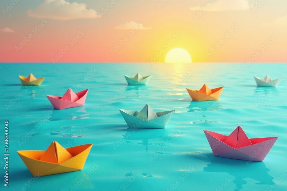 Naklejka premium A fleet of colorful paper boats gracefully floats on a tranquil ocean, illuminated by the warm glow of a setting sun, creating a serene and hopeful scene.