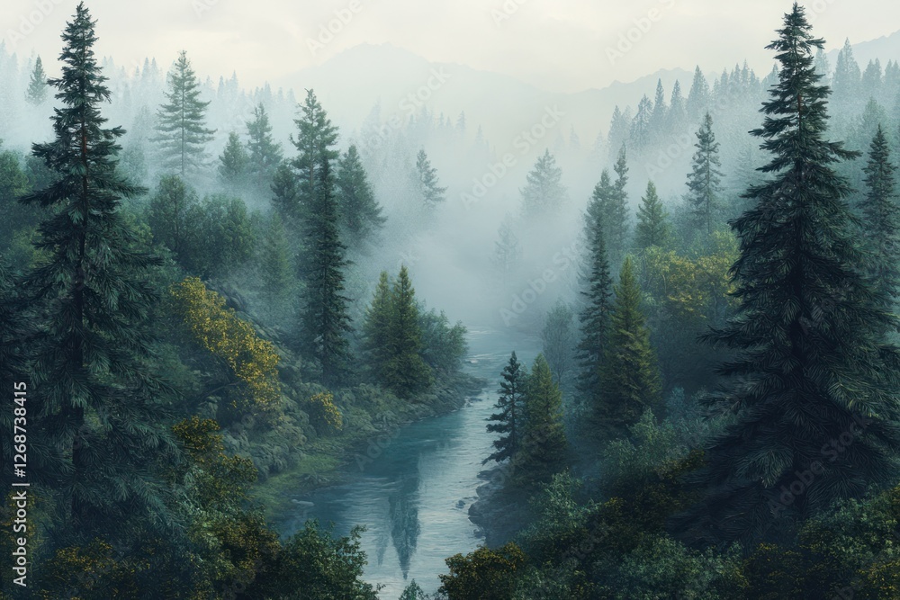 A jungle with coniferous trees on a foggy day, with a river winding through the dense vegetation. A jungle with coniferous trees on a foggy day, with a river winding through the dense vegetation.