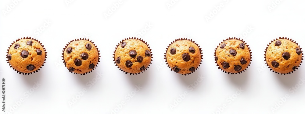 Obraz premium Freshly Baked Chocolate Chip Muffins Arranged in a Row on a Clean White Surface