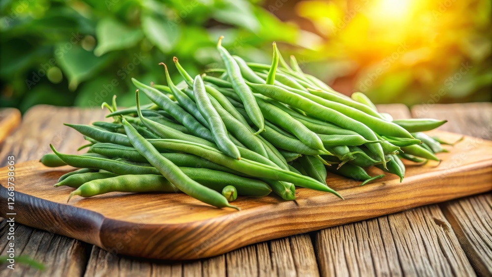 Fresh Green Beans on Wooden Cutting Board with Sunlight Background Fresh Green Beans on Wooden Cutting Board with Sunlight Background