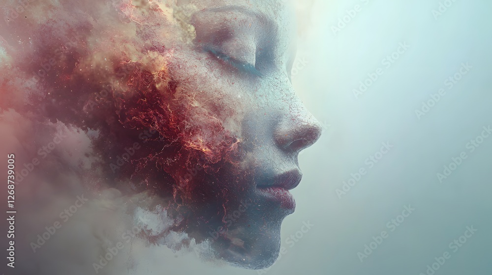 Ethereal Portrait of a Woman with Fiery and Cloudy Elements Ethereal Portrait of a Woman with Fiery and Cloudy Elements