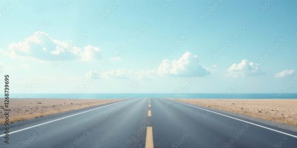 Fototapeta premium Endless Asphalt Highway Leading to a Serene Coastal Horizon Under a Calm Blue Sky