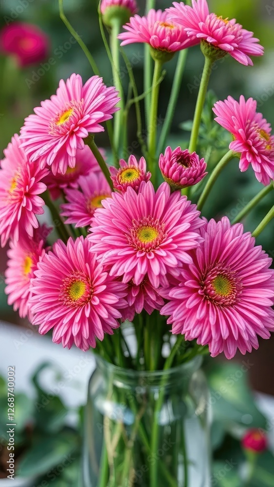 Chrysanthemum flowers and green stems in a vase, garden, vase Chrysanthemum flowers and green stems in a vase, garden, vase