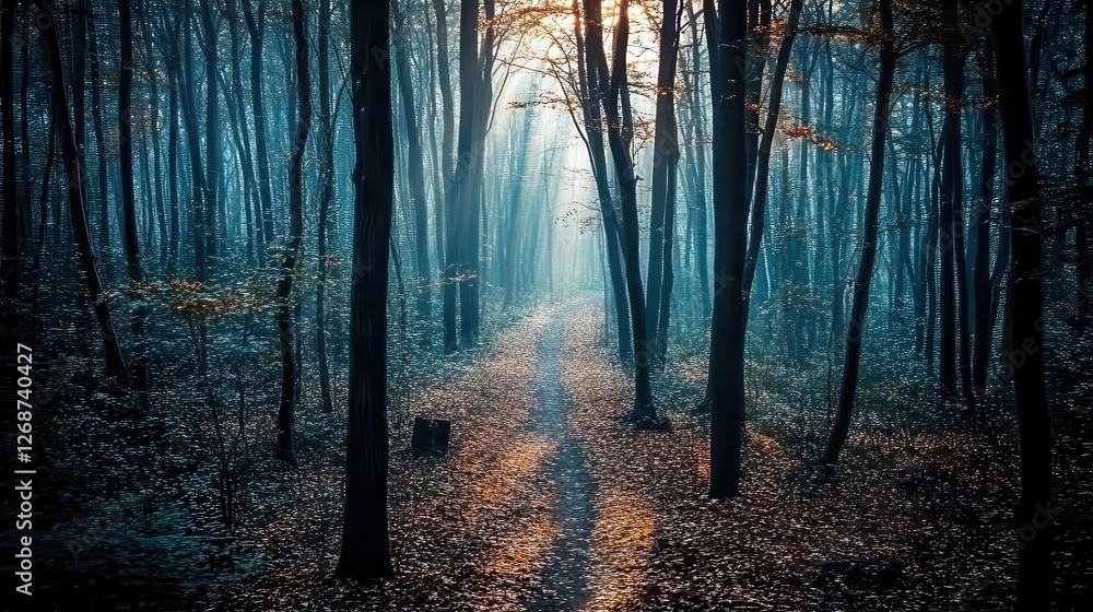 Naklejka premium A forest background image showcasing a dark forest path leads into the distance, surrounded by tall trees with leaves