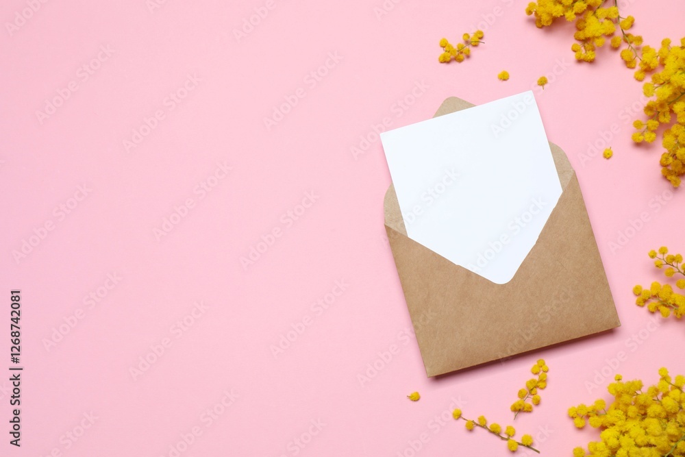 Beautiful composition with spring mimosa branches and paper envelope on a color background