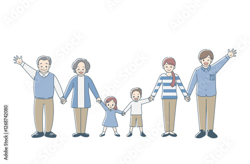 手をつないで笑顔の三世代家族の集まり