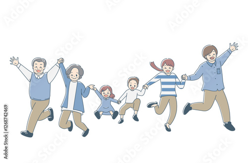 手をつないでジャンプする三世代家族