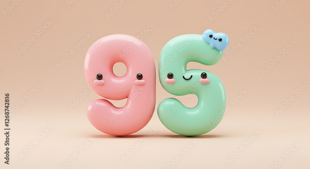 Adorable Pastel Numbers: 95 with Kawaii Faces and a Tiny Cloud Adorable Pastel Numbers: 95 with Kawaii Faces and a Tiny Cloud