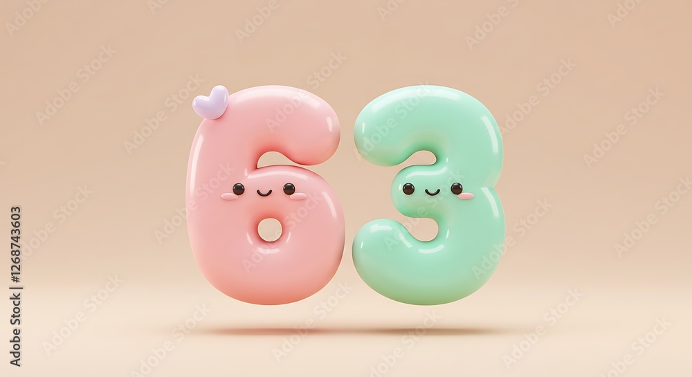 Adorable Pastel Numbers Sixty-Three: A Charming 3D Render Adorable Pastel Numbers Sixty-Three: A Charming 3D Render