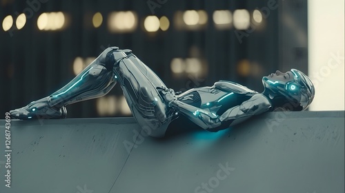 Futuristic Robot Relaxing on City Rooftop during Sunset Glow