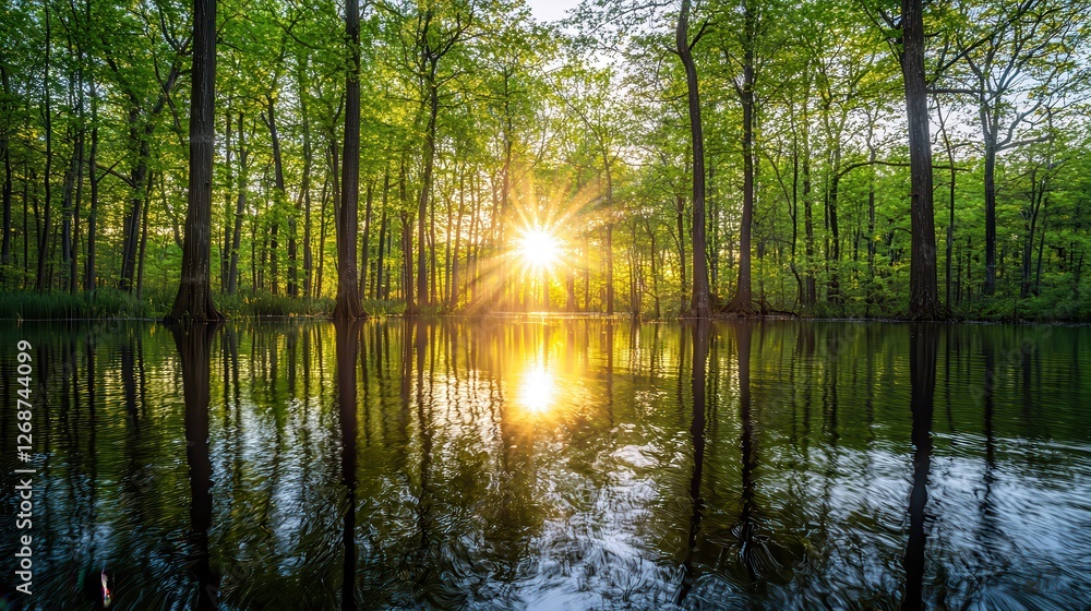 Obraz premium Sunbeams through Trees Reflecting on Still Water at Sunset