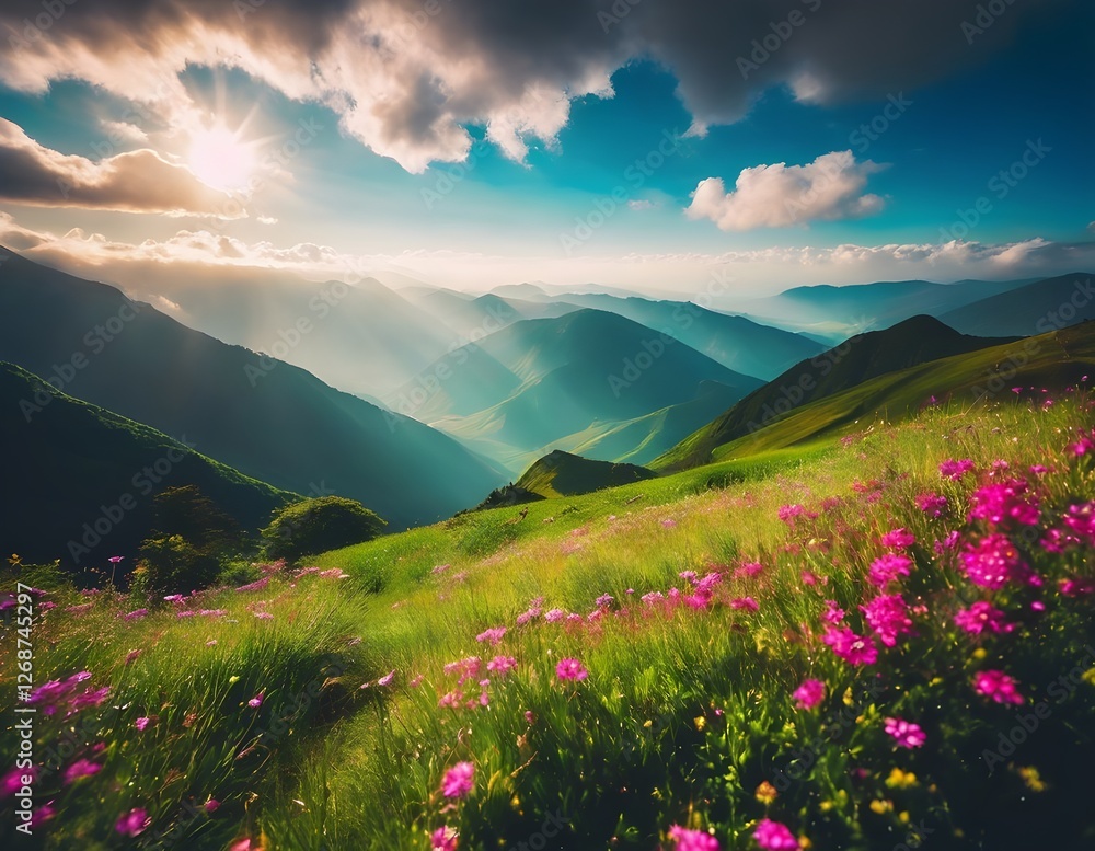Fototapeta premium Mountain Symphony: Wildflowers Dance in Alpine Light