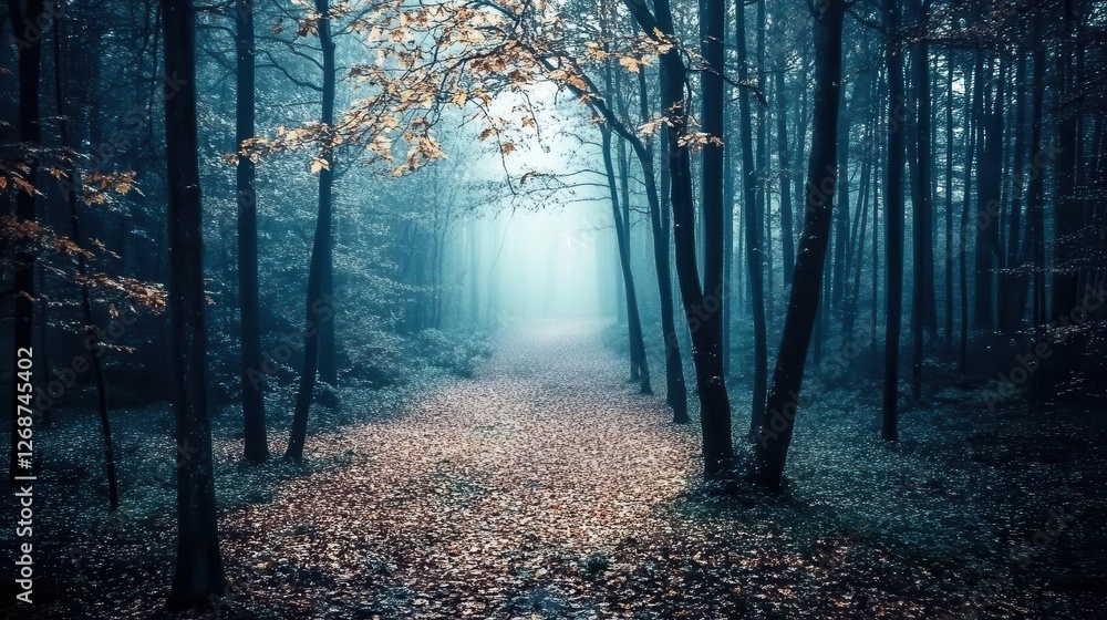 Obraz premium A forest background image showcasing a dark forest path leads into the distance, surrounded by tall trees with leaves