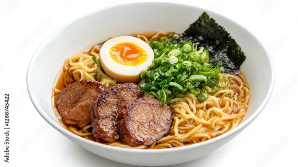 Delicious ramen bowl with pork, egg, seaweed, and green onions. Delicious ramen bowl with pork, egg, seaweed, and green onions.