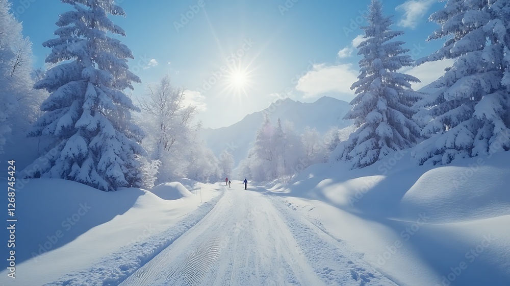 Fototapeta premium Winter sports enthusiasts ski frozen path wallpapers
