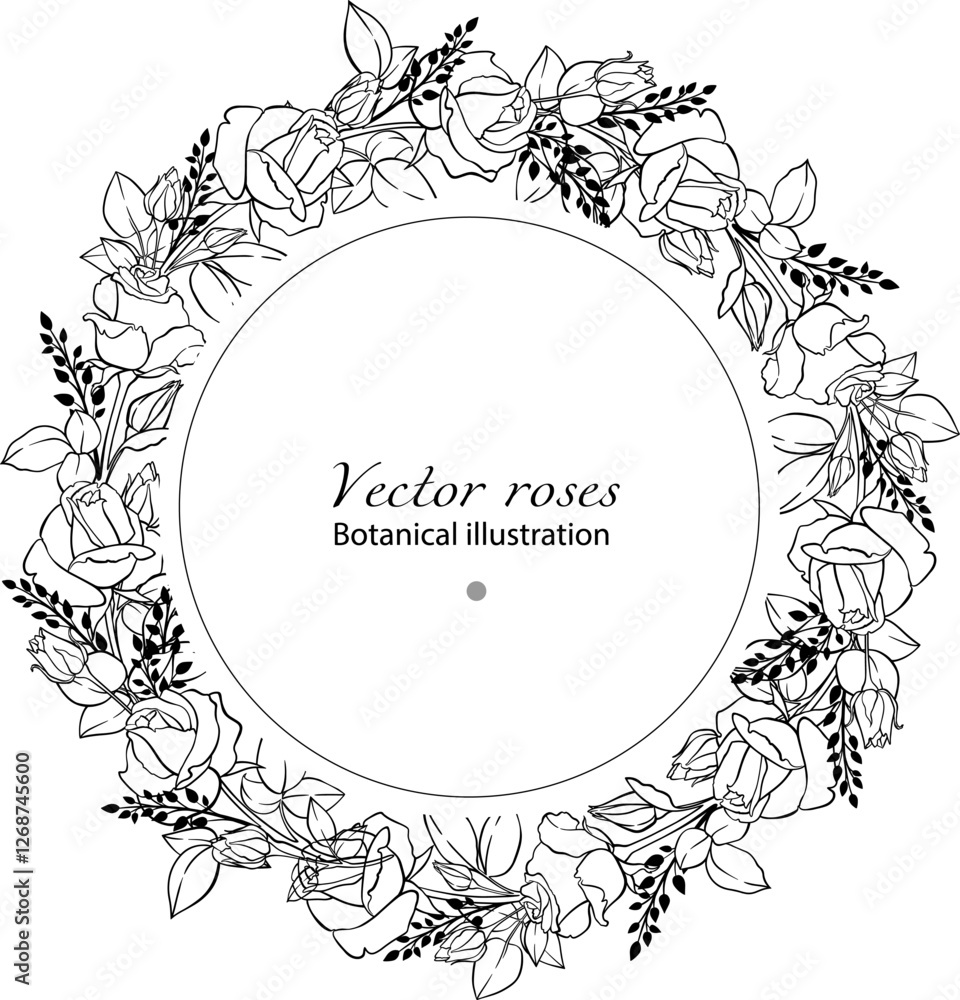 Elegance monochrome frame of vector roses for florist shop and design cosmetic products. Elegance monochrome frame of vector roses for florist shop and design cosmetic products.