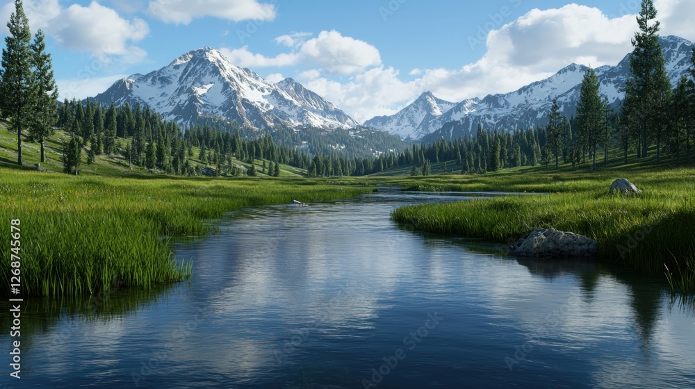 A serene mountain landscape with a calm river, lush green grass, and snow-capped peaks. A serene mountain landscape with a calm river, lush green grass, and snow-capped peaks.