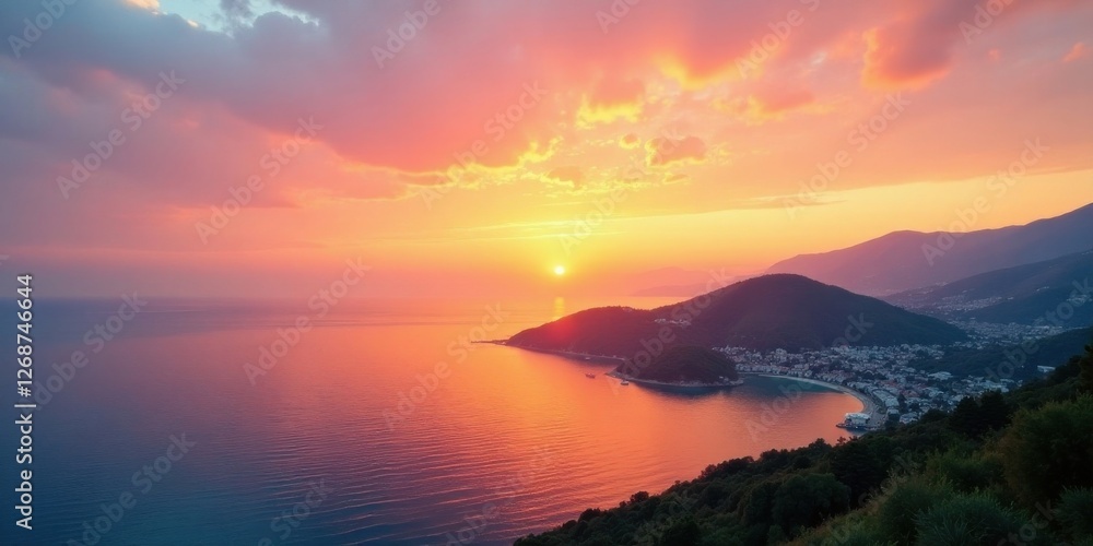 Fototapeta premium Serene Coastal Sunset Over a Picturesque Town Nestled Amongst Rolling Hills and a Calm Azure Sea, Bathed in Warm Hues of Orange, Pink, and Purple