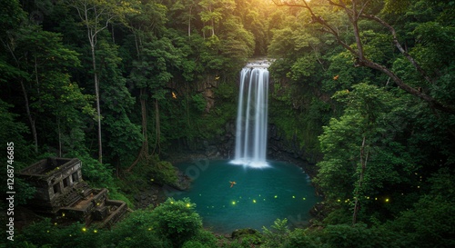 Majestic Waterfall Scenery in Lush Forest with Ancient Ruins and Birds