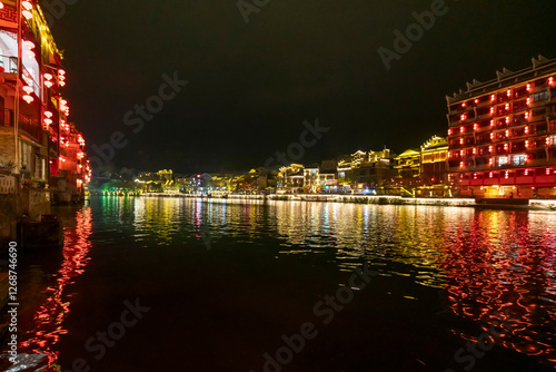 Night view of Zhenyuan Ancient Town, Guizhou, China photo