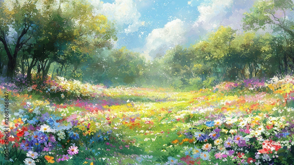 Fototapeta premium Vibrant Wildflower Meadow in a Sunlit Forest