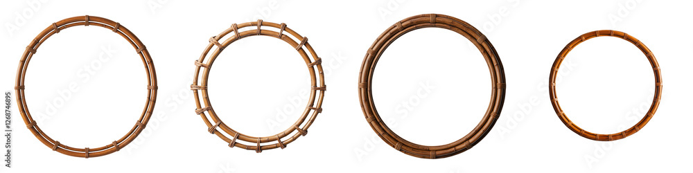 Collection of various wooden circular rings hoops and frames of different sizes and designs arranged on a plain white background Elegant rustic or minimalist decor and design elements concept Collection of various wooden circular rings hoops and frames of different sizes and designs arranged on a plain white background Elegant rustic or minimalist decor and design elements concept