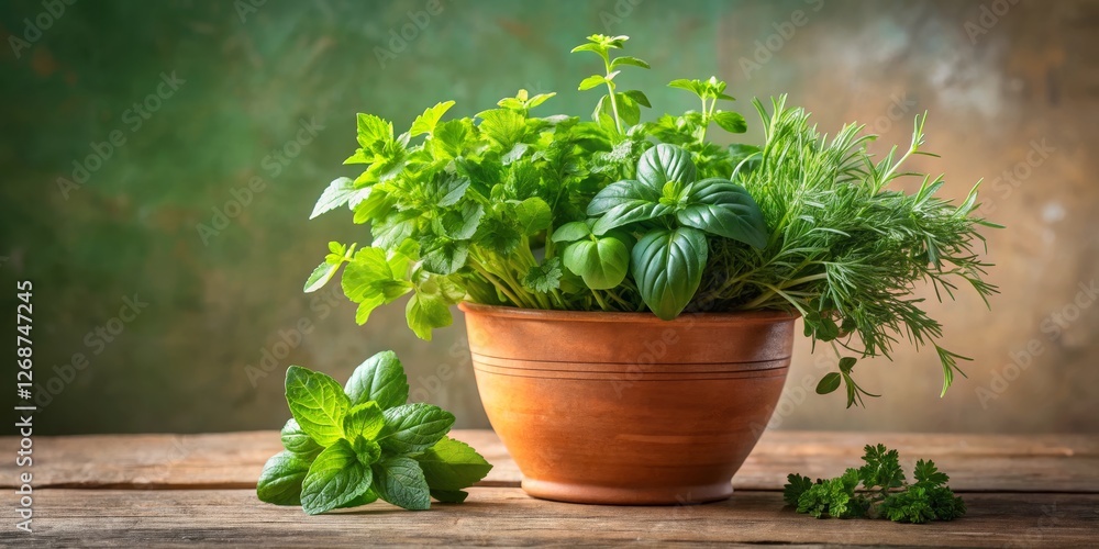 Fresh Culinary Herbs in Wooden Bowl on Rustic Table Background Fresh Culinary Herbs in Wooden Bowl on Rustic Table Background
