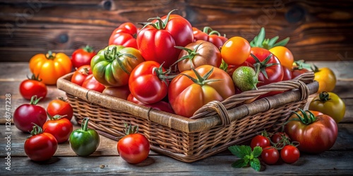 Fresh Assortment of Colorful Heirloom Tomatoes in a Wicker Basket