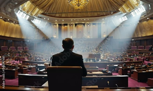 A politician seen from behind addressing a grand parliamentary chamber, symbolizing leadership and governance.