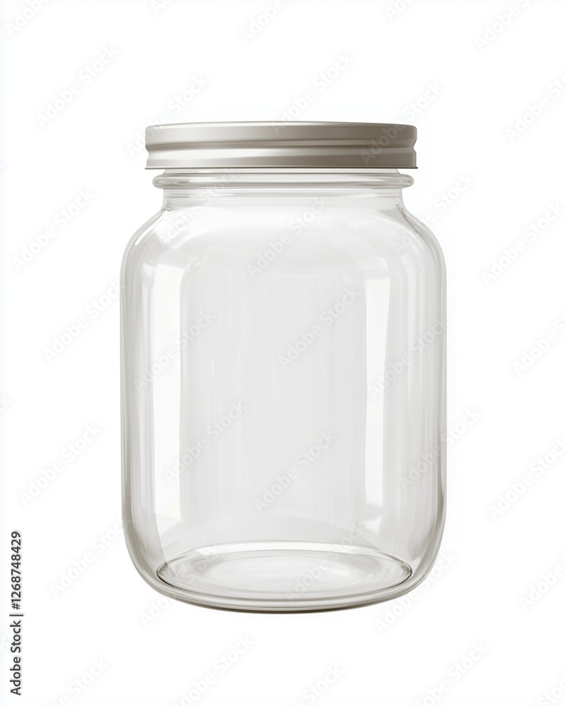 Empty Glass Jar with Silver Lid: A clear, empty glass jar with a silver metal lid, perfect for preserving, storing, or crafting. Its simple design offers versatile uses. Empty Glass Jar with Silver Lid: A clear, empty glass jar with a silver metal lid, perfect for preserving, storing, or crafting. Its simple design offers versatile uses.