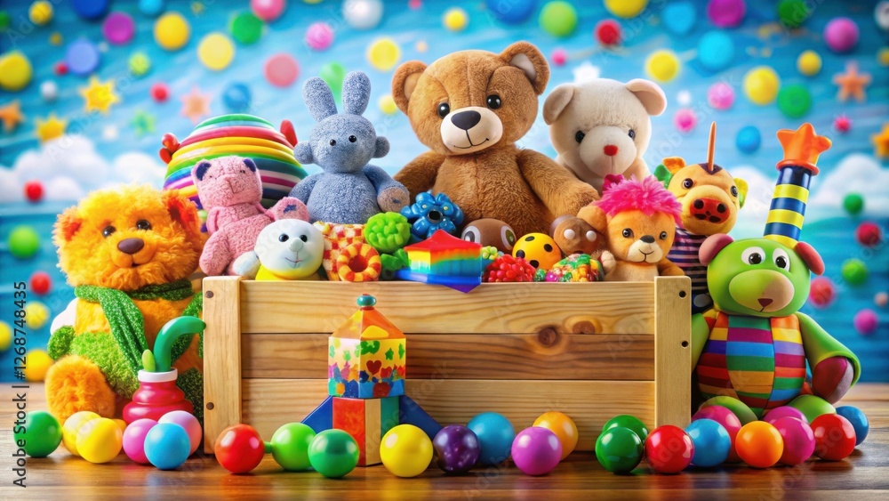 Naklejka premium Colorful Array of Plush Toys in a Playful Setting with Balls