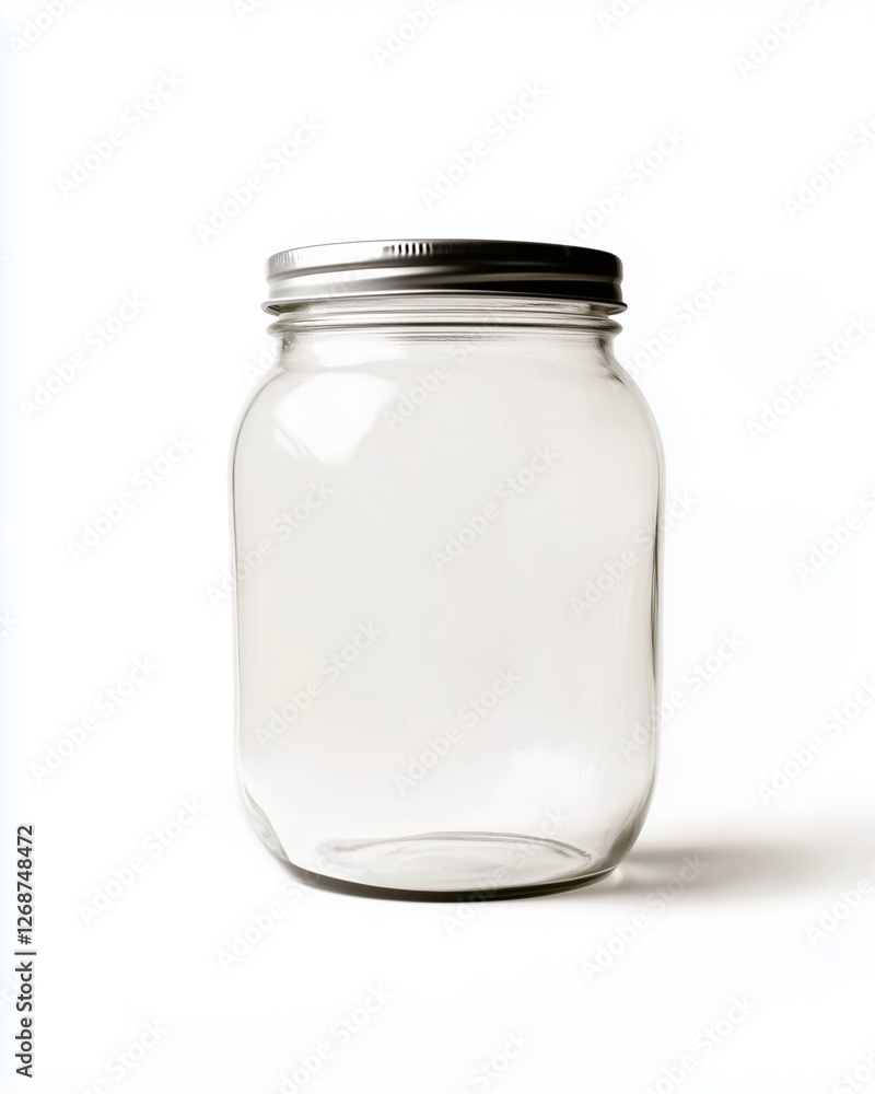Empty Glass Jar: A clear glass jar with a silver metal lid stands against a white background, ready for your product or message. A simple, versatile image perfect for various designs. Empty Glass Jar: A clear glass jar with a silver metal lid stands against a white background, ready for your product or message. A simple, versatile image perfect for various designs.