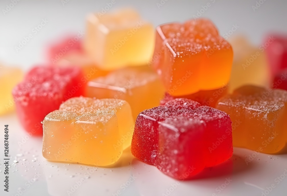 Multicolored marmalade on a golden and white background. Closeup. Daylight
Multicolored marmalade on a golden and white background. Closeup. Daylight