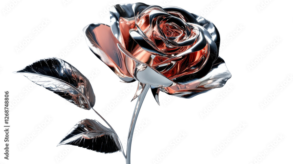 Obraz premium Metallic rose blooming with silver leaves on transparent background
