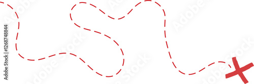 Treasure map element. A dashed line and red X mark ink on the map, the treasure map with a dotted line, X marks the spot, dashed line trail to an X	
