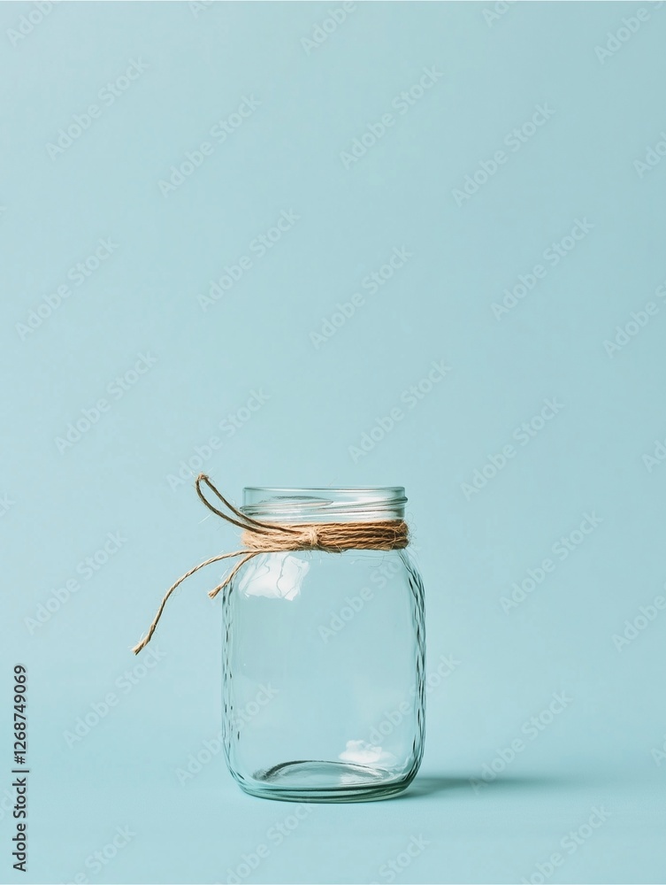 Empty Glass Jar with Twine: A simple yet elegant glass jar with a rustic twine bow, isolated on a light blue background. The jar's textured surface adds visual interest. Empty Glass Jar with Twine: A simple yet elegant glass jar with a rustic twine bow, isolated on a light blue background. The jar's textured surface adds visual interest.