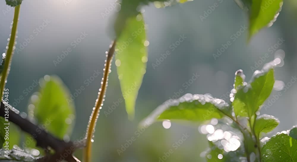 dew-covered leaves glowing after rain in a refreshing scene