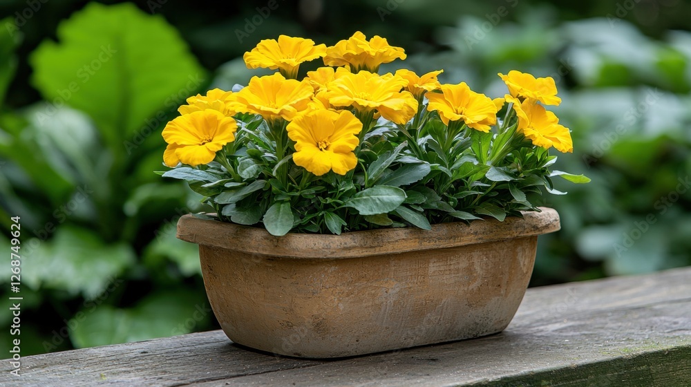 A pot of yellow flowers sits on a wooden bench. A pot of yellow flowers sits on a wooden bench.