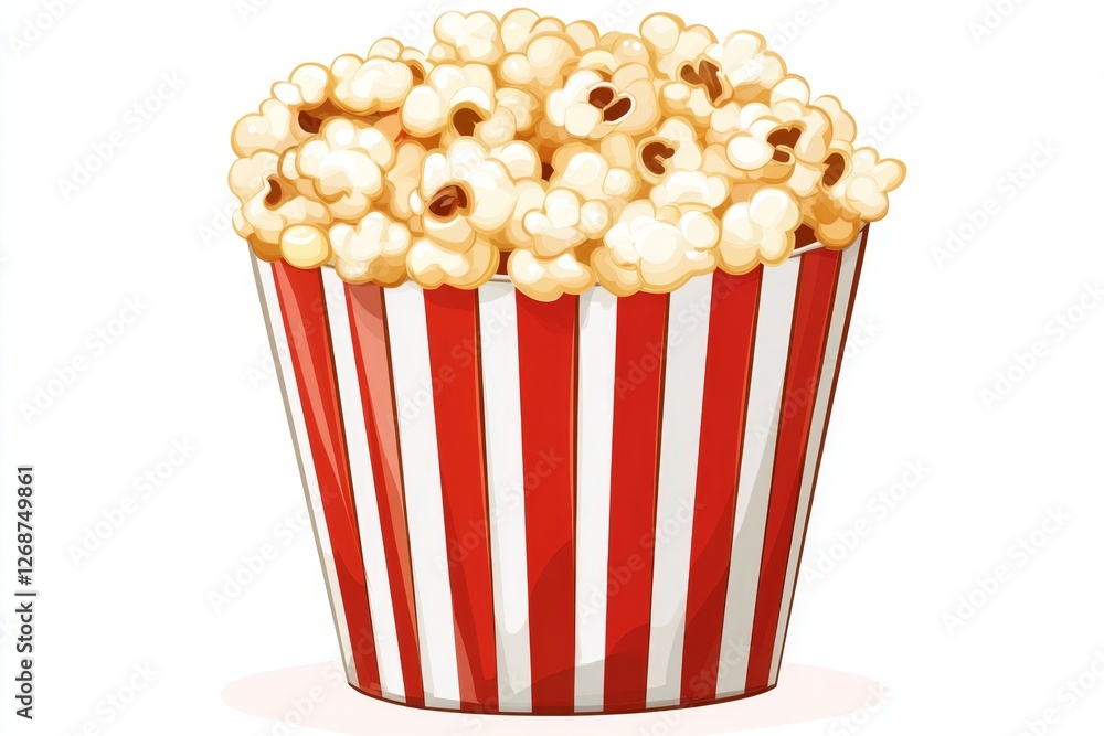Buttery popcorn in striped bucket, isolated, movie snack Buttery popcorn in striped bucket, isolated, movie snack