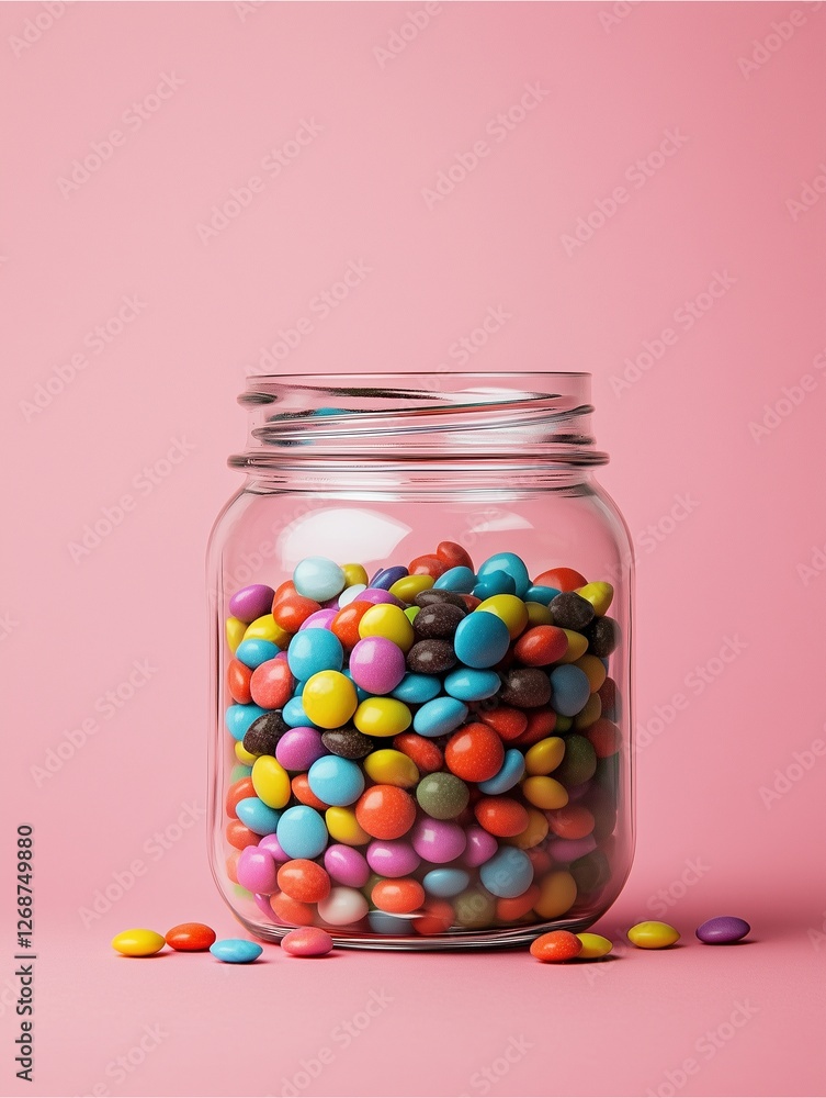 Candy Jar Delight: A mason jar overflowing with a delightful assortment of colorful candies against a vibrant pink background. Perfect for designs evoking fun, happiness, and sweetness. Candy Jar Delight: A mason jar overflowing with a delightful assortment of colorful candies against a vibrant pink background. Perfect for designs evoking fun, happiness, and sweetness.