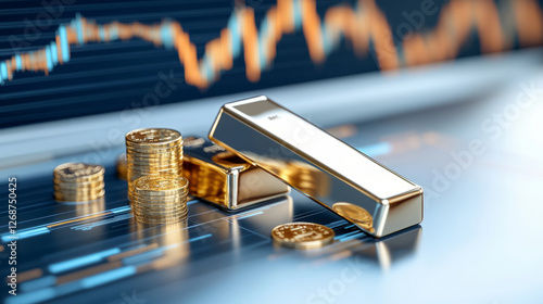 Golden bars and coins resting on a financial chart, showcasing the value of precious metals in investment and trading markets