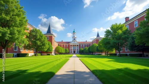 Campus quad, Sunny blue sky over university campus with walking paths.