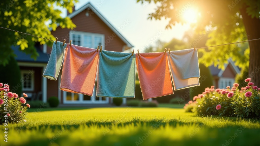 Car drying towels, Backyard clothesline with towels fluttering among flowers. Car drying towels, Backyard clothesline with towels fluttering among flowers.