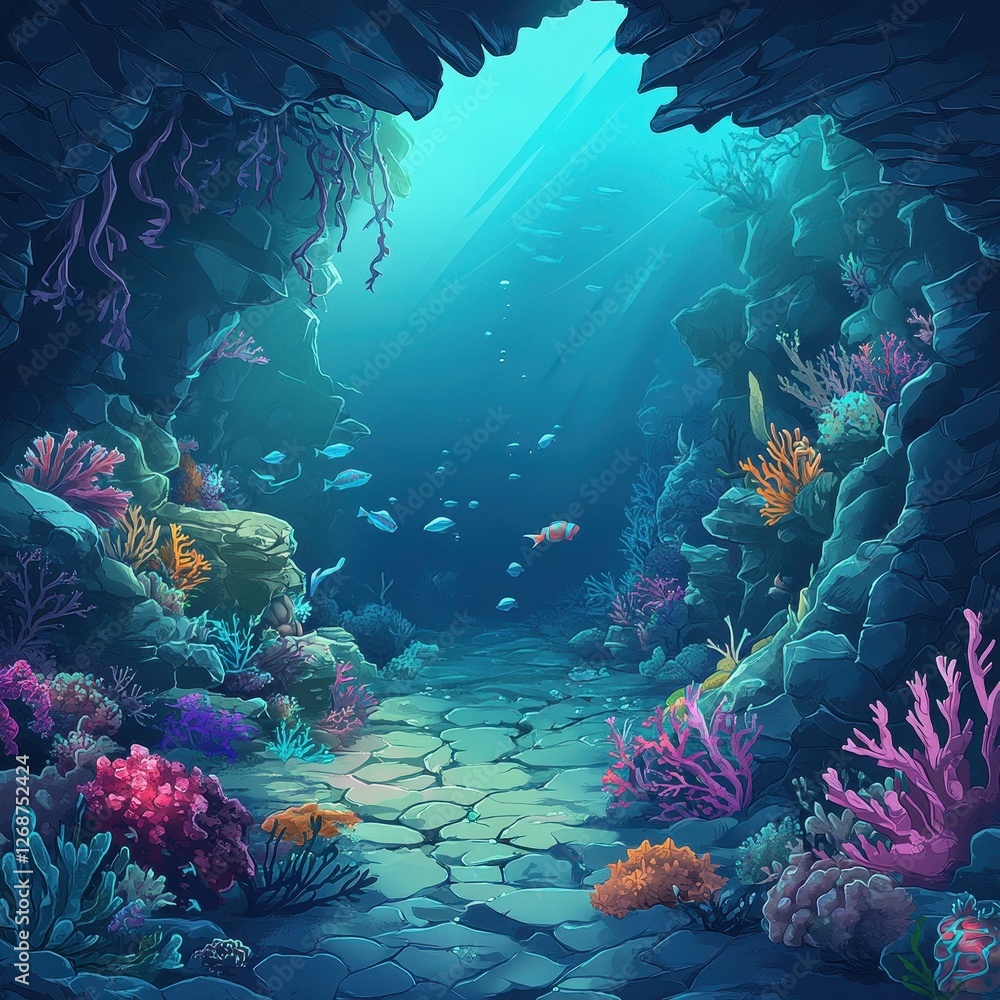 A vibrant underwater cave scene with diverse marine life A vibrant underwater cave scene with diverse marine life