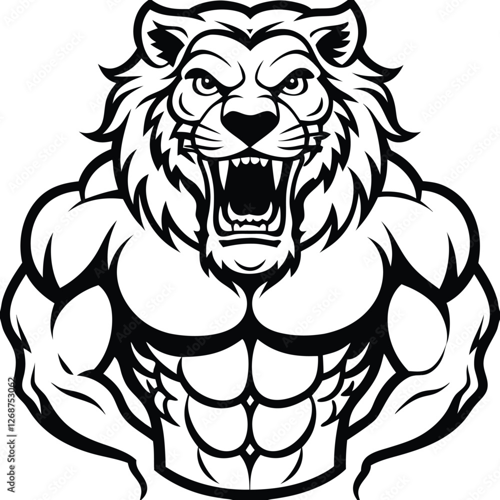 Obraz premium Line Art Bold Fitness T-shirt Design with Roaring Lion, Roaring Lion Line Art Tee, Bold Fitness Lion Graphic Shirt, Line Art Strength Lion T-shirt