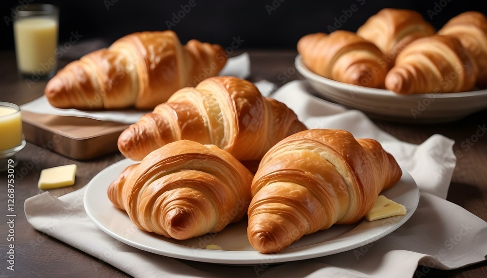 Fresh French croissants with butter on a table Fresh French croissants with butter on a table