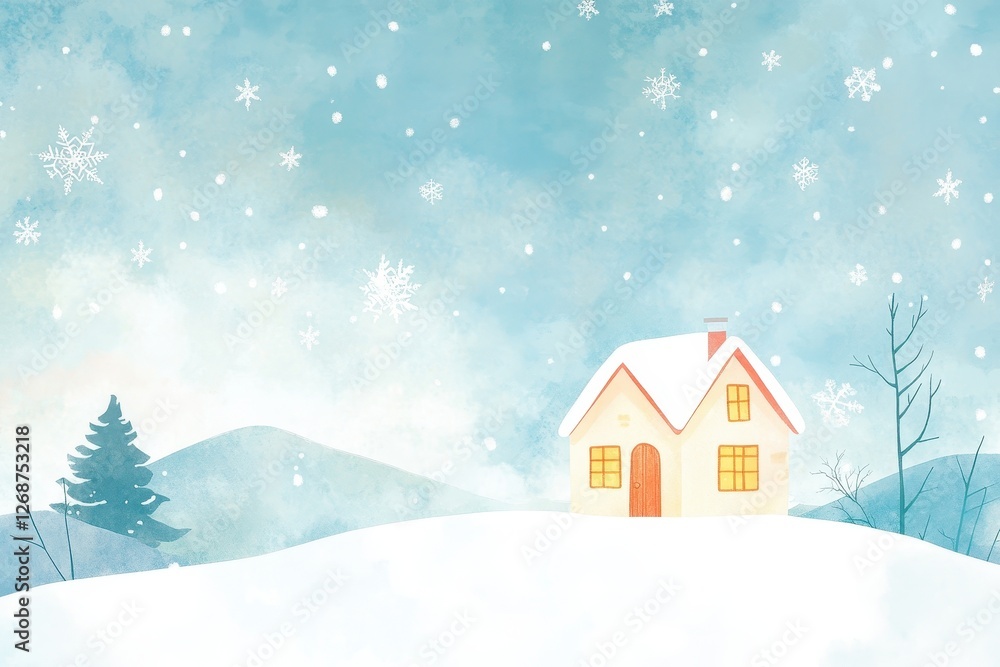 Watercolor illustration depicts a charming house covered in snow Watercolor illustration depicts a charming house covered in snow