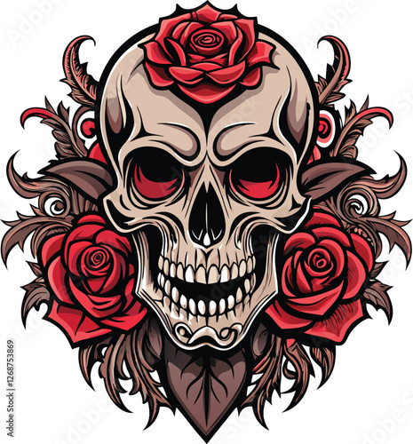 Gothic Skull and Roses T-shirt Design with Rebel Soul in Edgy Font, Gothic Skull Rose T-shirt, Edgy Rebel Soul Tee, Dark Gothic Apparel Design