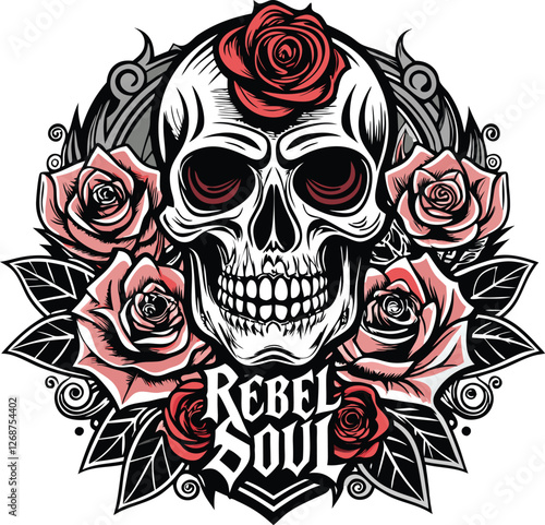Gothic Skull and Roses T-shirt Design with Rebel Soul in Edgy Font, Gothic Skull Rose T-shirt, Edgy Rebel Soul Tee, Dark Gothic Apparel Design
